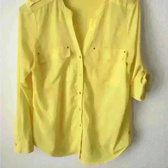 Calvin Klein Bright Yellow Adj LS Button Up Tab Shoulder Hem Top Woman Small - Picture 6 of 10